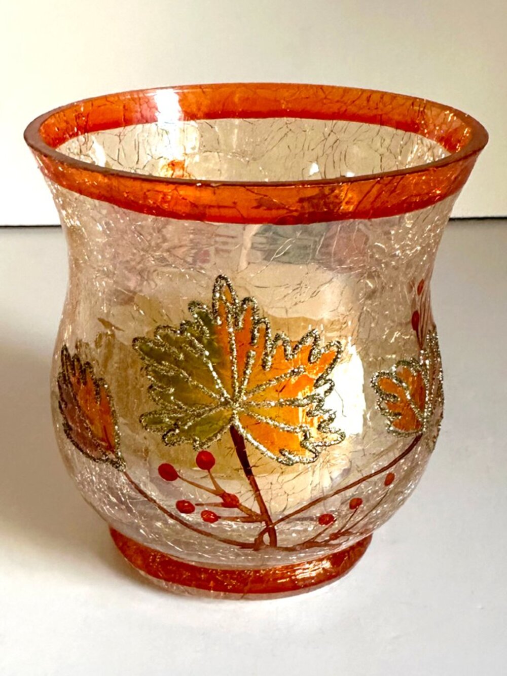 Autumn Crackle Glass Leaf Votive Candle Holder Hurricane w/ Candle Fall Décor